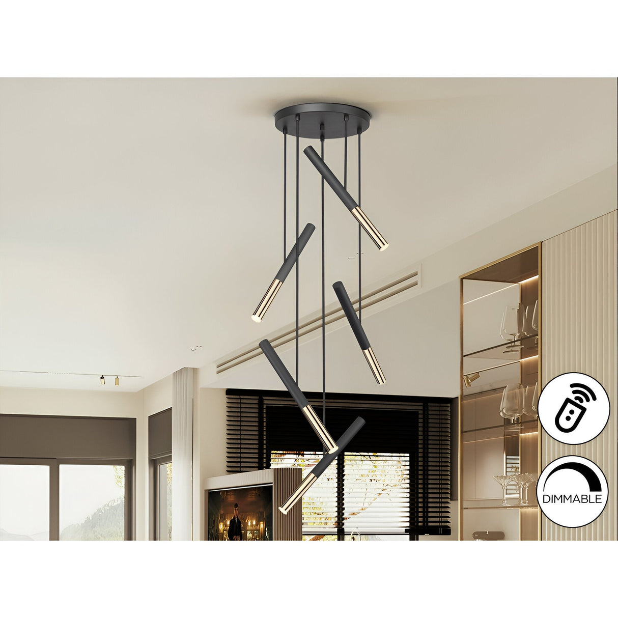 Edna 5 Light Dimmable LED Large Cluster Pendant - Black/ Gold (With Remote Control)