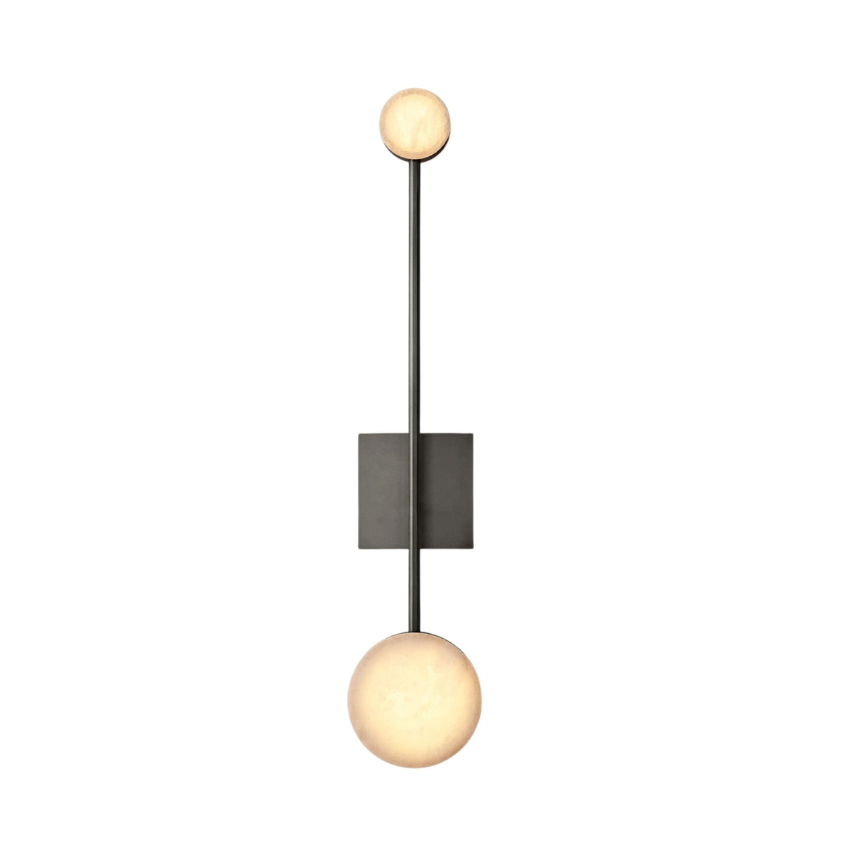 The Marvello LED Twin Sphere Alabaster Wall Light in soft white and matte black features a vertical rod, two frosted alabaster globes, and a rectangular mount, emitting a warm glow ideal for modern spaces.