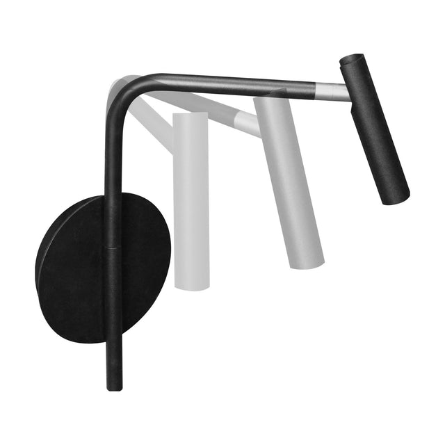MiniSpot LED Wall Light in black iron with a round base plate, slim bent rod, and cylindrical spot head with grey collar joint, shown on a plain white background.