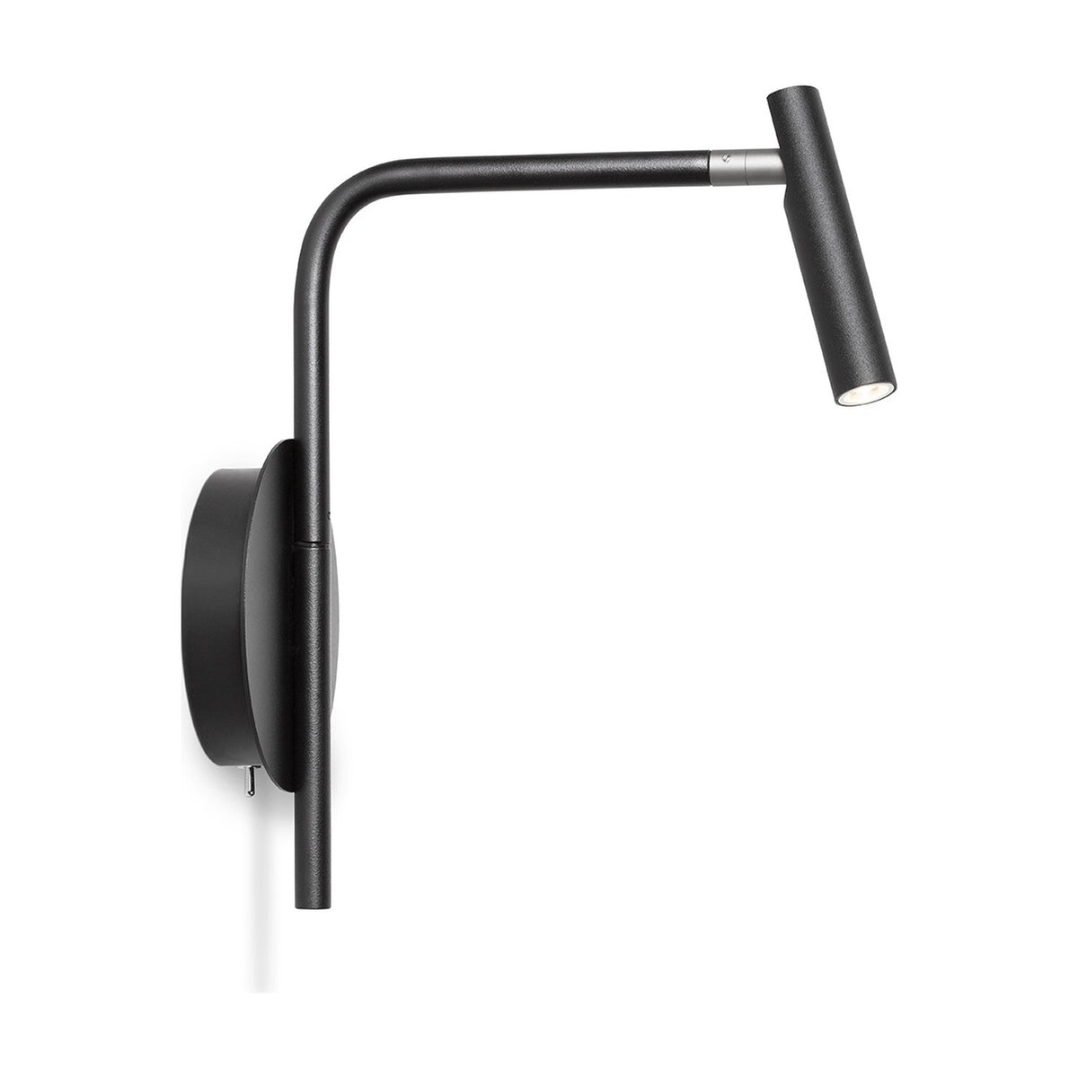 MiniSpot LED Wall Light in black iron with round wall plate, angled rod arm and cylindrical spot head with grey collar joint, on a plain white background.