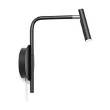 MiniSpot LED Wall Light in black iron with round wall plate, angled rod arm and cylindrical spot head with grey collar joint, on a plain white background.