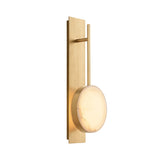 The Marvello LED Sculpted Disc Alabaster Wall Light in soft white and brushed brass features a rectangular backplate, vertical rod, and round alabaster shade for a warm glow—ideal for contemporary spaces.