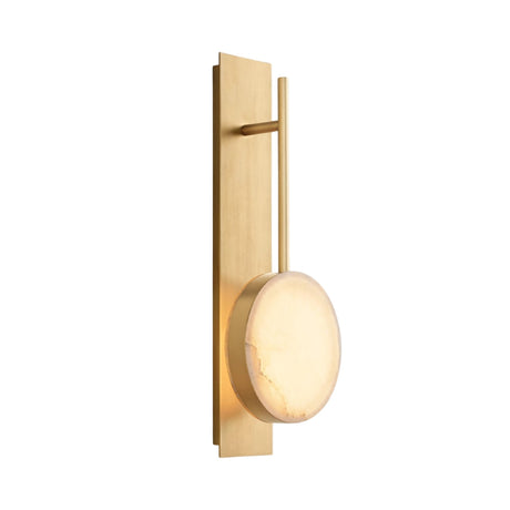 The Marvello LED Sculpted Disc Alabaster Wall Light in soft white and brushed brass features a rectangular backplate, vertical rod, and round alabaster shade for a warm glow—ideal for contemporary spaces.