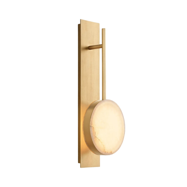 The Marvello LED Sculpted Disc Alabaster Wall Light in soft white and brushed brass features a rectangular backplate, vertical rod, and round alabaster shade for a warm glow—ideal for contemporary spaces.
