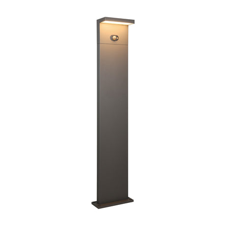 Blyde 100cm Solar LED PIR Lamp Post in anthracite, a slim rectangular column with an angled head housing an integrated LED and motion sensor, shown lit against a plain white background.