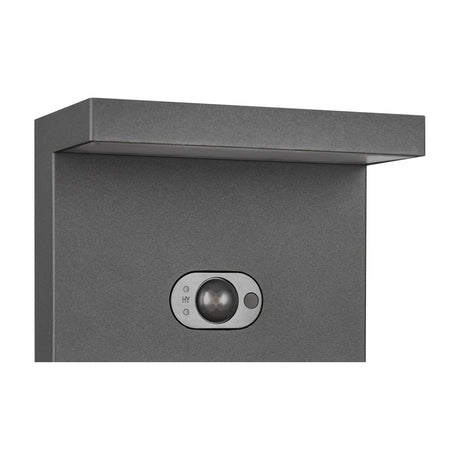 Close-up of the Blyde 100cm Solar LED PIR Lamp Post in anthracite, showing the angled head with integrated PIR motion sensor lens on the aluminium column, plain white background.