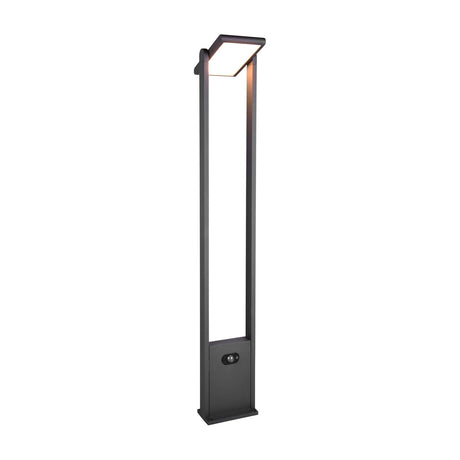 Malawi Solar LED White PIR Lamp Post in anthracite, a tall free-standing garden post light with rectangular top head and PIR sensor panel on the base, shown on a plain white background.