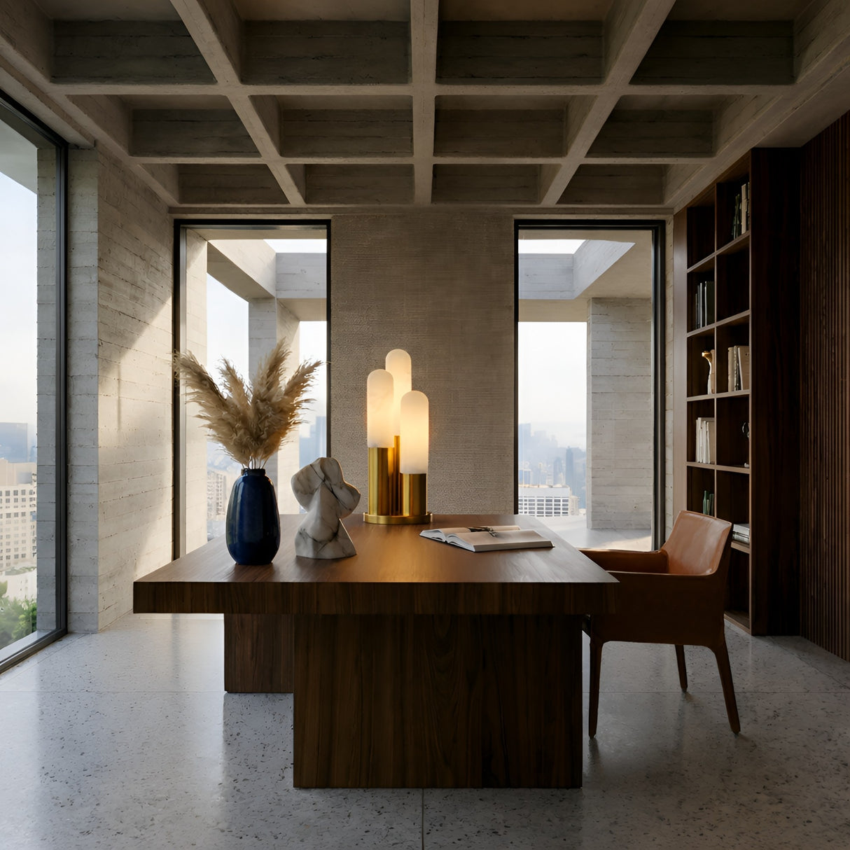 A modern office with a wooden desk, sculptural decor, the Altessa 3 Light Vertical Alabaster Table Lamp in Soft White & Brass, tall lamps, a leather chair, built-in shelves, and large windows that fill the room with natural light.