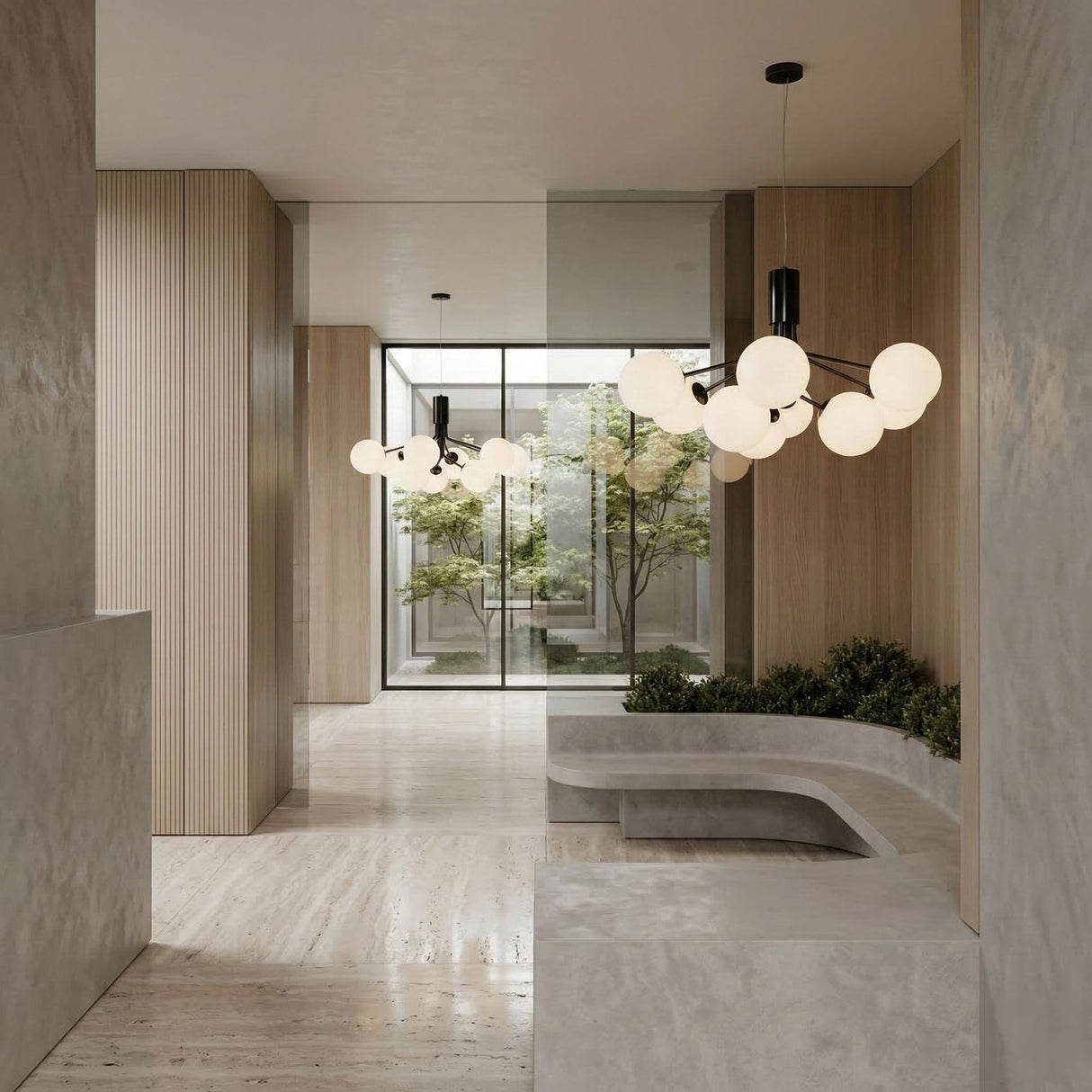Minimalist interior with light wood and gray stone, built-in concrete seating, and large windows overlooking a landscaped garden. The Ivy 9 Light Chandelier – Black adds elegance above the round pendant lights.