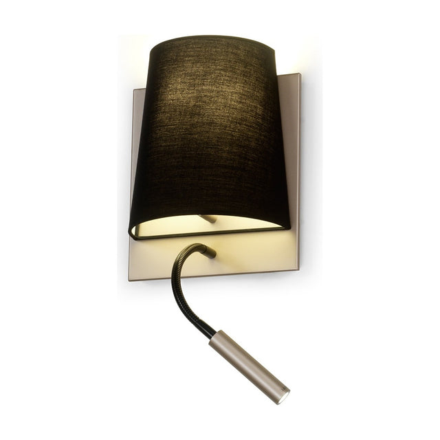 Selmarne Fabric Wall Light with Reading Light in champagne: rectangular backplate with a tapered black cotton shade and a flexible gooseneck reading light, shown on a white background.