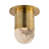 The Elara LED Mini Drop Alabaster Semi-Flush Ceiling Light features a soft white, marble-patterned glass shade and a brushed brass cylindrical base, mounted close to the ceiling for a modern look.