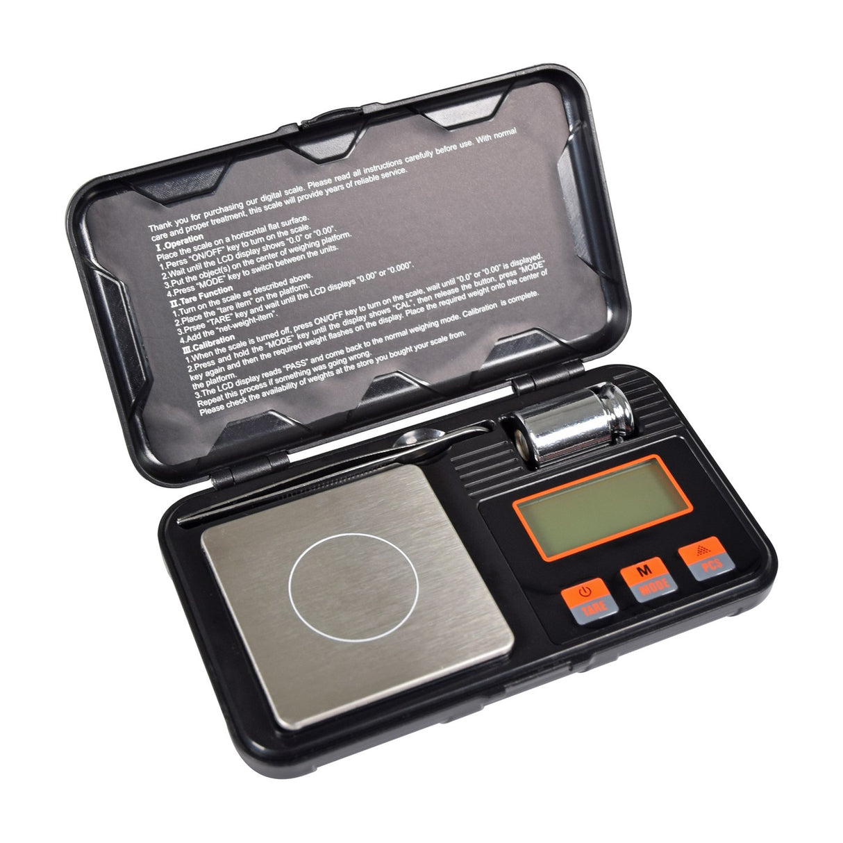 AVSL Mercury 50g/0.001g digital pocket scale in open black case with stainless platform, LCD, orange buttons, tweezers and calibration weight.