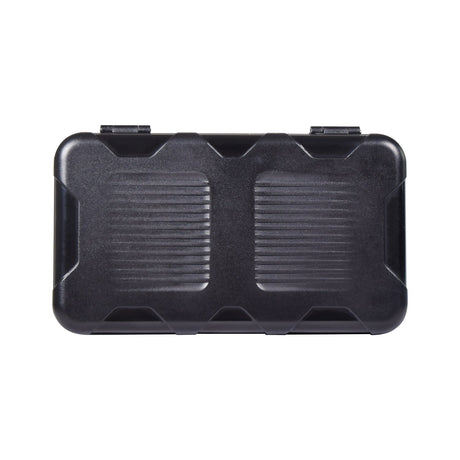 AVSL Mercury Digital Pocket Scale 50g/0.001g shown closed in its ridged matte black protective hard case with hinged clasps, on a plain white background.