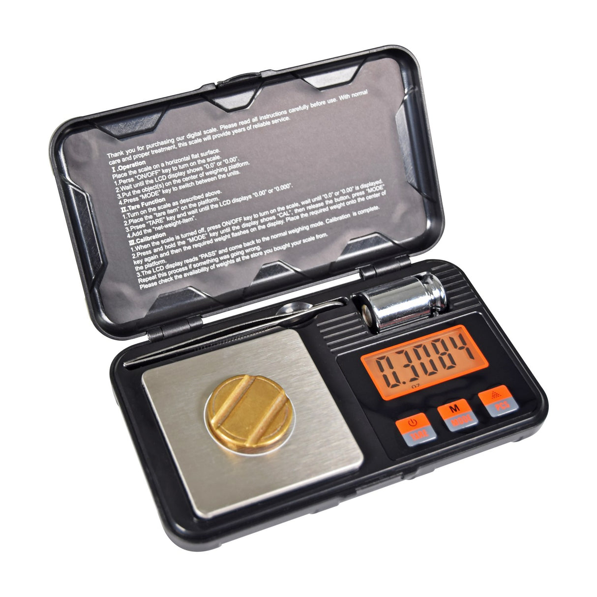 AVSL Mercury Digital Pocket Scale open in black hard case, showing stainless steel platform with brass calibration weight, tweezers and backlit orange LCD.