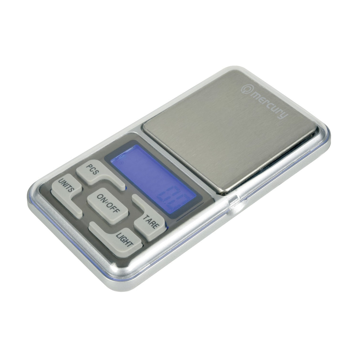 Mercury digital pocket scale with brushed metal weighing platform, blue backlit LCD display, and white control buttons for units, PCS, on/off, tare and light.