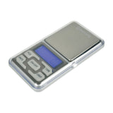 Mercury digital pocket scale with brushed metal weighing platform, blue backlit LCD display, and white control buttons for units, PCS, on/off, tare and light.