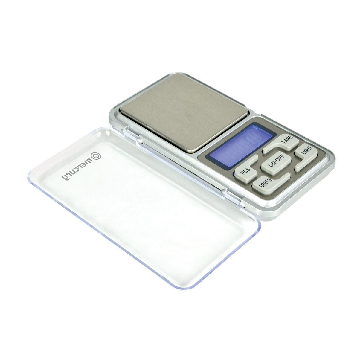 Mercury digital pocket scale with stainless platform, blue-backlit LCD, PCS, UNITS, ON/OFF, TARE, LIGHT buttons, and clear flip cover.