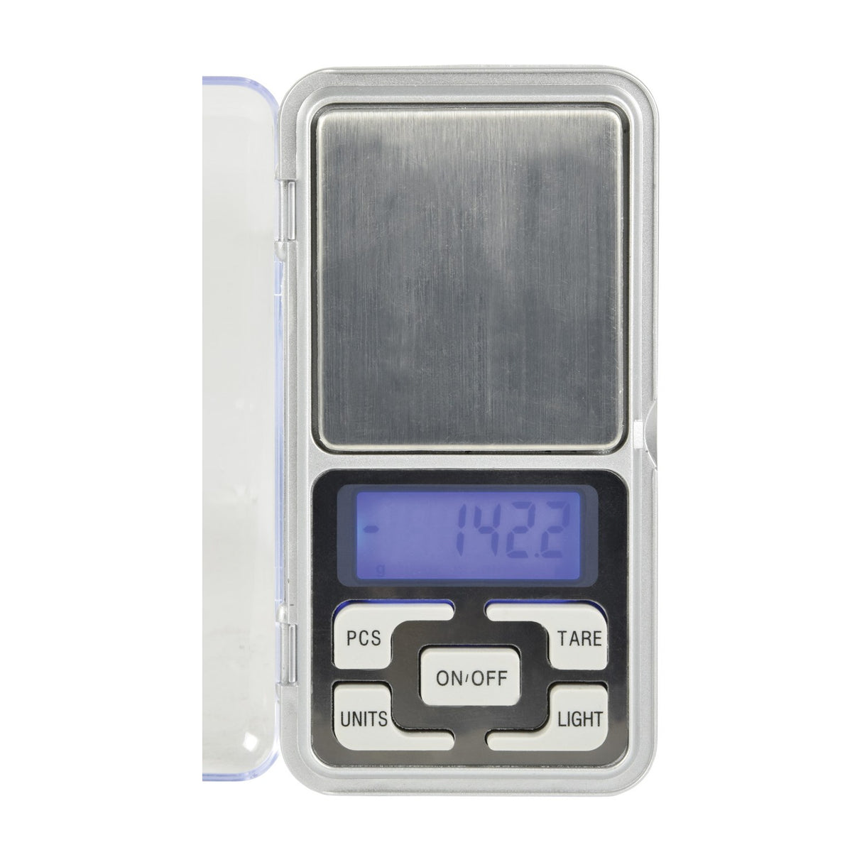 AVSL Mercury 300g digital pocket scale open with stainless steel platform and blue backlit LCD showing 142.2g above PCS, TARE, ON/OFF, UNITS, LIGHT buttons.