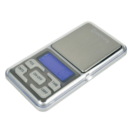 The Mercury Digital Pocket Scale - 300g features a metal surface and an LCD display, making it perfect for precision measurement. Ideal for weighing jewelry, it includes buttons labeled PCS, UNITS, ON/OFF, TARE, and LIGHT. This scale is designed for accuracy and offers a sleek, compact design.