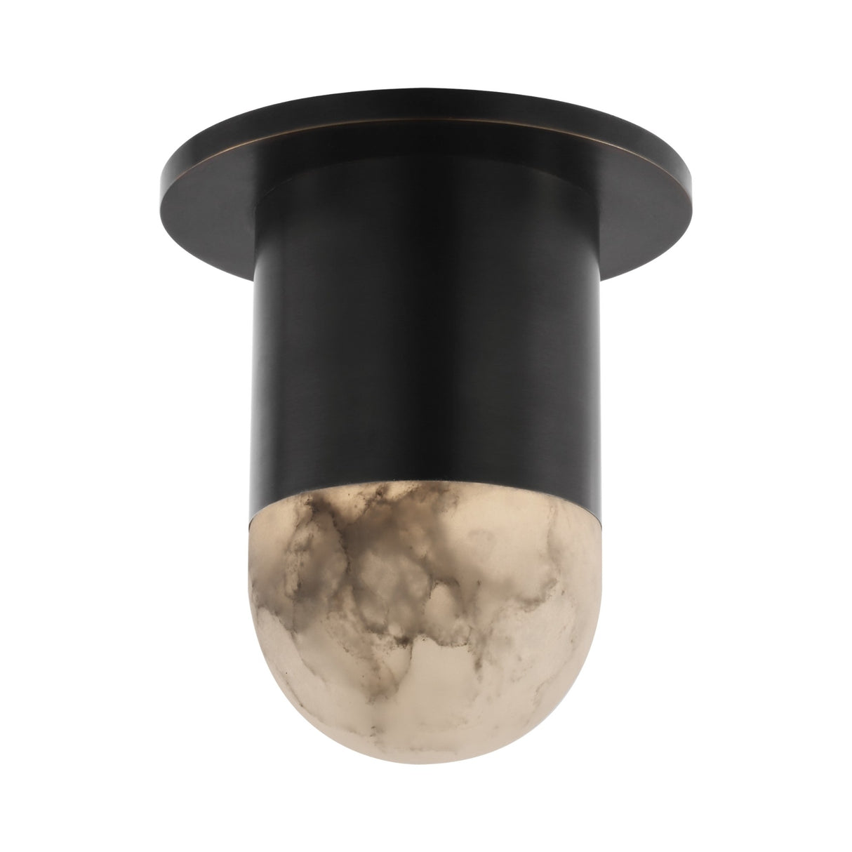 The Elara LED Mini Drop Alabaster Semi-Flush Ceiling Light in soft white and matte black features a cylindrical base and marble-patterned glass shade, adding contemporary style to any space.