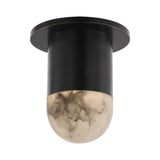 The Elara LED Mini Drop Alabaster Semi-Flush Ceiling Light in soft white and matte black features a cylindrical base and marble-patterned glass shade, adding contemporary style to any space.