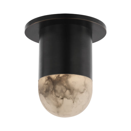 The Orvani LED Mini Drop Alabaster Semi-Flush Ceiling Light in soft white and matte black features a marbled glass shade and cylindrical base, offering a modern look with a gentle glow.