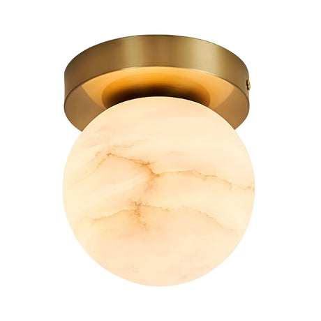 The Bravora 1 Light Globe Alabaster Semi-Flush Ceiling Light features a marble-patterned globe with a soft white glow, mounted on a brushed brass circular base, shown against a white background.