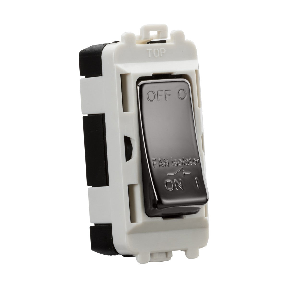 This Knightsbridge Grid system includes the 10A Fan Isolator Module in Black Nickel, featuring an ON and OFF toggle switch. It is mounted on a plastic frame and labeled with "FAN ISOLATOR" between the positions. The triple pole design ensures reliable functionality within the grid fan isolator system.
