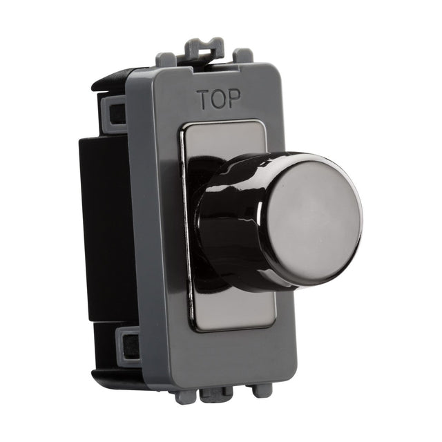 This Knightsbridge Screwless dimmer switch, designed in black and silver with a round knob, is actually the 2-Way 10-200W (10-100W LED) Trailing Edge Dimmer Module in Black Nickel. It allows precise lighting adjustments and features TOP embossed above the knob for proper installation orientation.