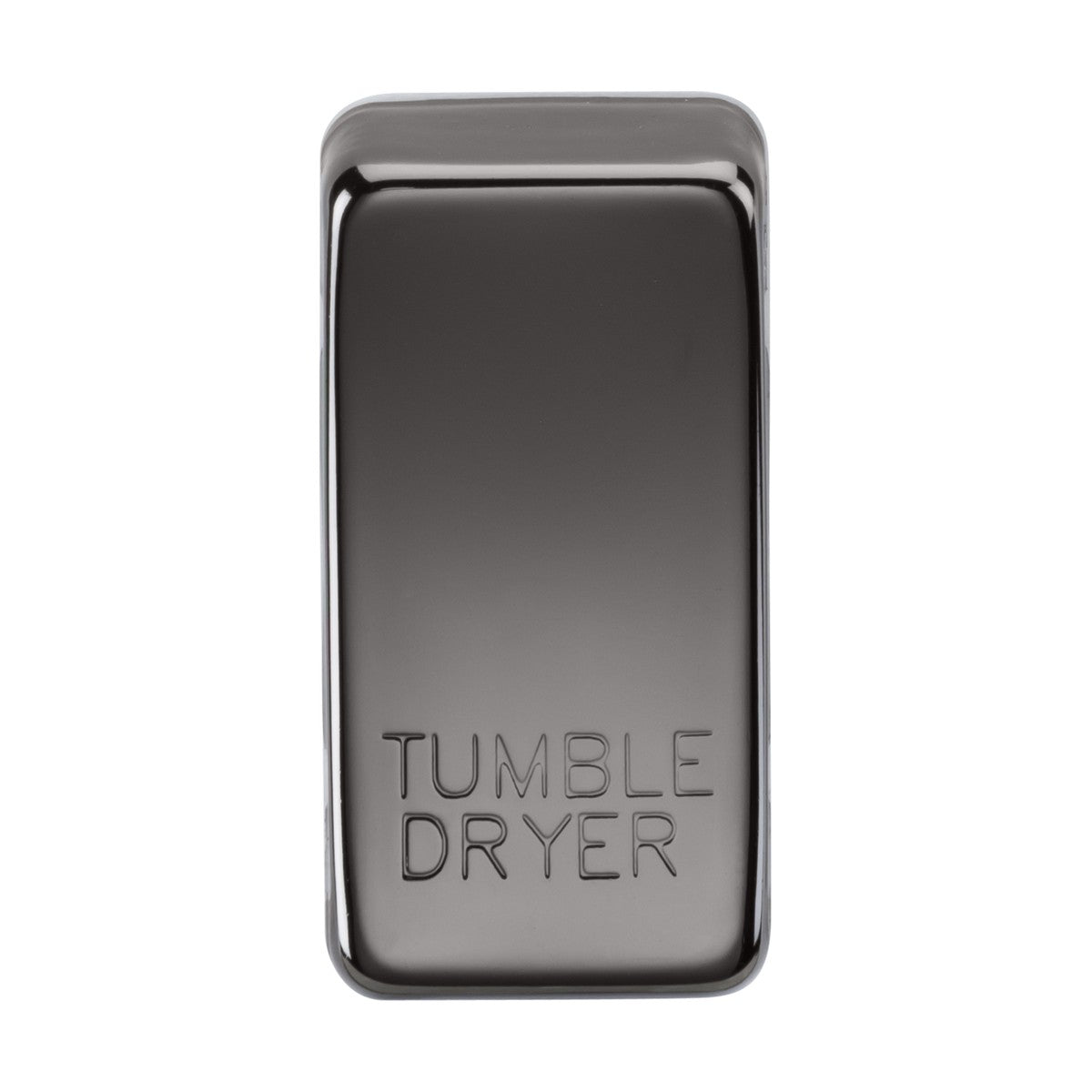 A sleek, rectangular metal switch cover engraved with "TUMBLE DRYER" features a shiny, reflective black nickel finish on its rounded edges.