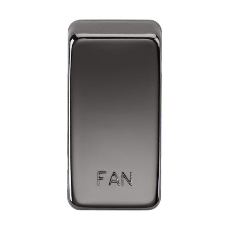 The Switch Cover "Marked FAN" - Black Nickel is centrally featured in the image, intended to manage a fan. With its sleek, reflective black nickel finish, it presents a minimalist look. Its interchangeable design allows for effortless customization using rocker covers to match personal style preferences.