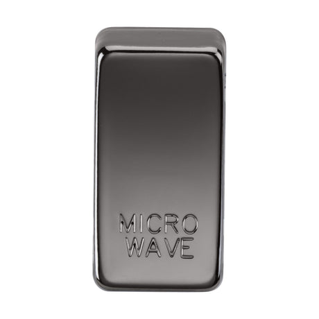 A sleek, rectangular metallic object in black nickel with "MICROWAVE" marked on its surface, set against a plain white background.