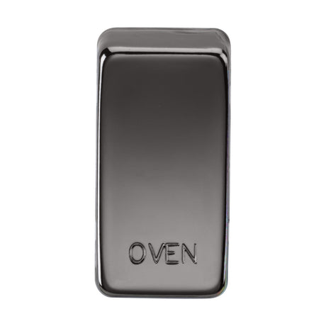 A close-up image of a glossy black nickel rectangular button with "OVEN" embossed on it. The surface reflects light, providing a sleek and modern appearance. These Switch Cover "Marked OVEN" - Black Nickel offer an interchangeable design for customizable control panels.