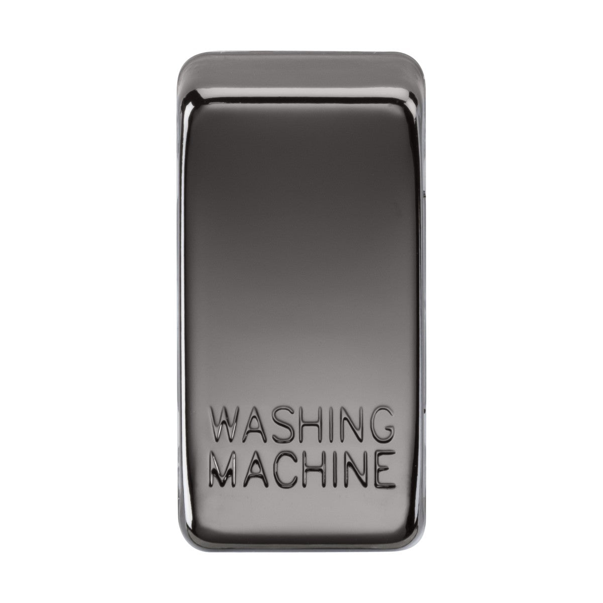 A sleek, rectangular black switch cover embossed with "WASHING MACHINE" on its surface. Its reflective finish gives it a polished appearance, reminiscent of interchangeable rocker covers designed for style and functionality.