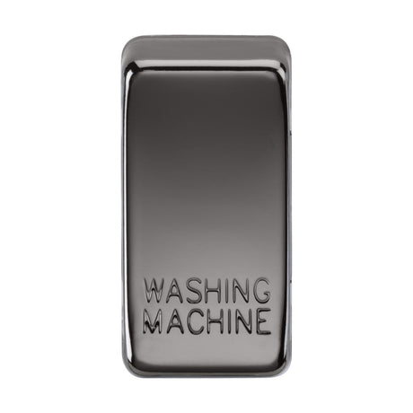 A sleek, rectangular black switch cover embossed with "WASHING MACHINE" on its surface. Its reflective finish gives it a polished appearance, reminiscent of interchangeable rocker covers designed for style and functionality.