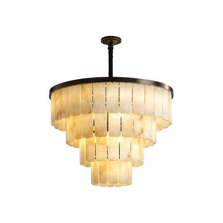 The Auravel 9 Light Small Tiered Alabaster Chandelier features a matte black frame and soft white alabaster panels, offering a warm, elegant glow—ideal for those seeking refined tiered lighting.