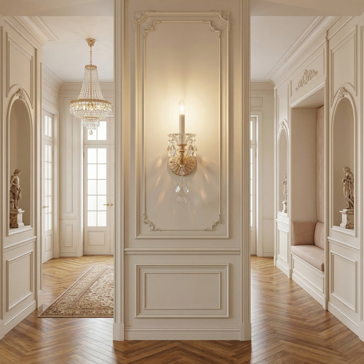 Elegant hallway with ornate Rococo wall paneling, the Vienna 1 Light K9 Crystal Wall Light in heirloom gold, parquet wood floors, classical statues in alcoves, a chandelier, and tall glass doors that fill the space with natural light.