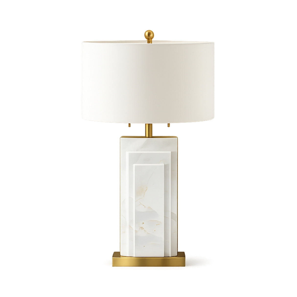 The Caldrin 1 Light Marble Table Lamp features a rectangular white marble base, brass accents, and a cylindrical white shade for a modern, sophisticated look.