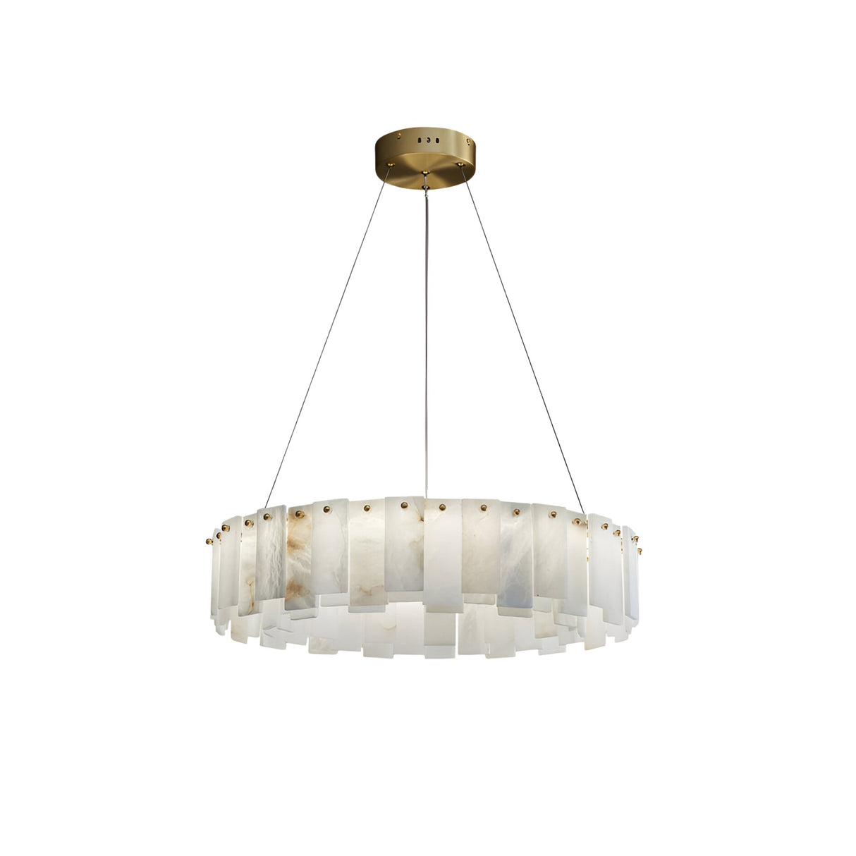 The Valeris 10 Light Layard Panel Alabaster Chandelier in Soft White & Brass features a modern circular design with a gold ceiling mount and slim cables, showcasing translucent alabaster panels that softly diffuse the light.