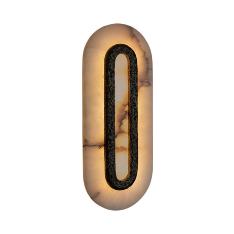 The Orvani LED Oval Alabaster Wall Light in Soft White & Brushed Brass features a modern, glowing alabaster design with a minimalist black oval center, highlighting elegant, marbled stone for sophisticated wall lighting.