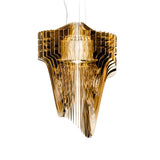 The Aeris 5 Light Large Chandelier – Gold features layered, metallic angular panels for an intricate, reflective look and ambient lighting, suspended by thin wires against a white background.