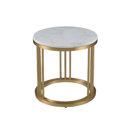 The Circulael 45cm Alabaster Coffee Table features a white alabaster top and a brushed brass frame with vertical bars and a circular base, adding contemporary Spanish-inspired elegance to any space.