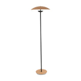 The Ex-Display Ginger LED Floor Lamp - Black & Oak features a slim black stand, round oak wood base, and matching shallow dome-shaped wooden shade—ideal for anyone seeking a stylish black and oak floor lamp design.