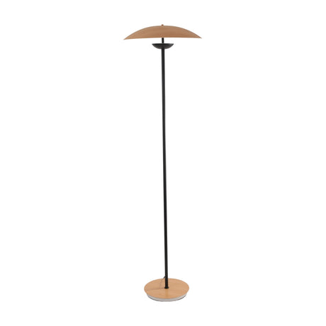 The Ex-Display Ginger LED Floor Lamp - Black & Oak features a slim black stand, round oak wood base, and matching shallow dome-shaped wooden shade—ideal for anyone seeking a stylish black and oak floor lamp design.
