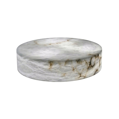 The Alurien LED Large Alabaster Coffee Table in soft white showcases a round, flat marble pedestal with smooth surfaces and gray veining, exuding contemporary elegance against a white background.