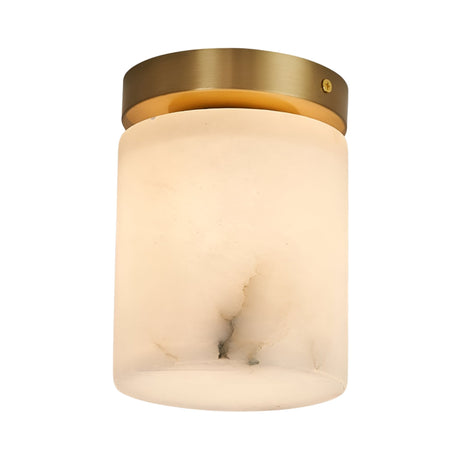 The Bravora 1 Light Cylinder Alabaster Semi-Flush Ceiling Light in soft white and brushed brass features a cylindrical alabaster shade and round base, displayed against a plain white background.