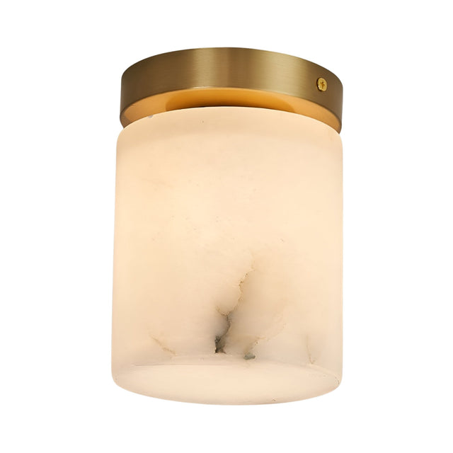 The Bravora 1 Light Cylinder Alabaster Semi-Flush Ceiling Light in soft white and brushed brass features a cylindrical alabaster shade and round base, displayed against a plain white background.