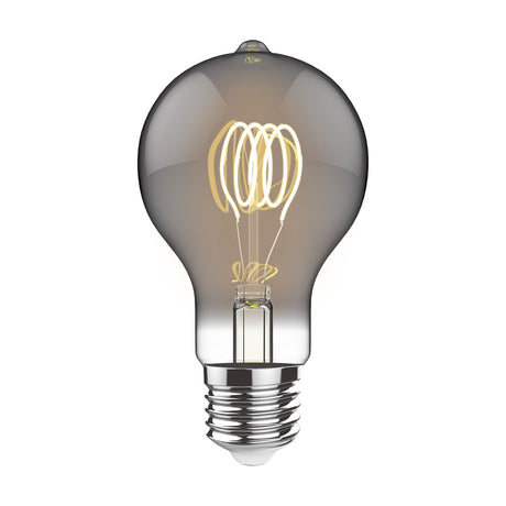 Classic E27 dimmable bulb with smoked glass finish and visible spiral filament, 4W 2100K warm glow, standard bulb shape on a plain white background.