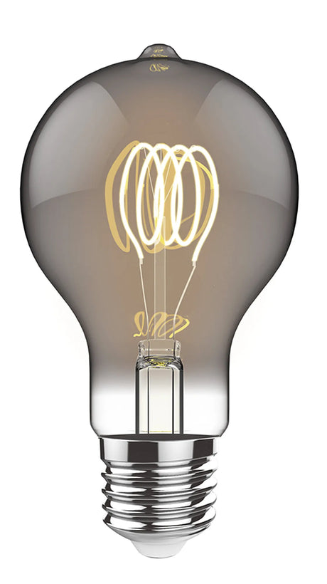 Classic E27 dimmable LED bulb with smoked glass finish, spiral filament, and chrome screw cap, shown on a plain white background.