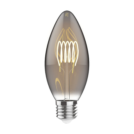 Classic E27 dimmable candle-shaped LED bulb with smoked glass finish, spiral filament, and chrome screw cap, shown against a plain white background.
